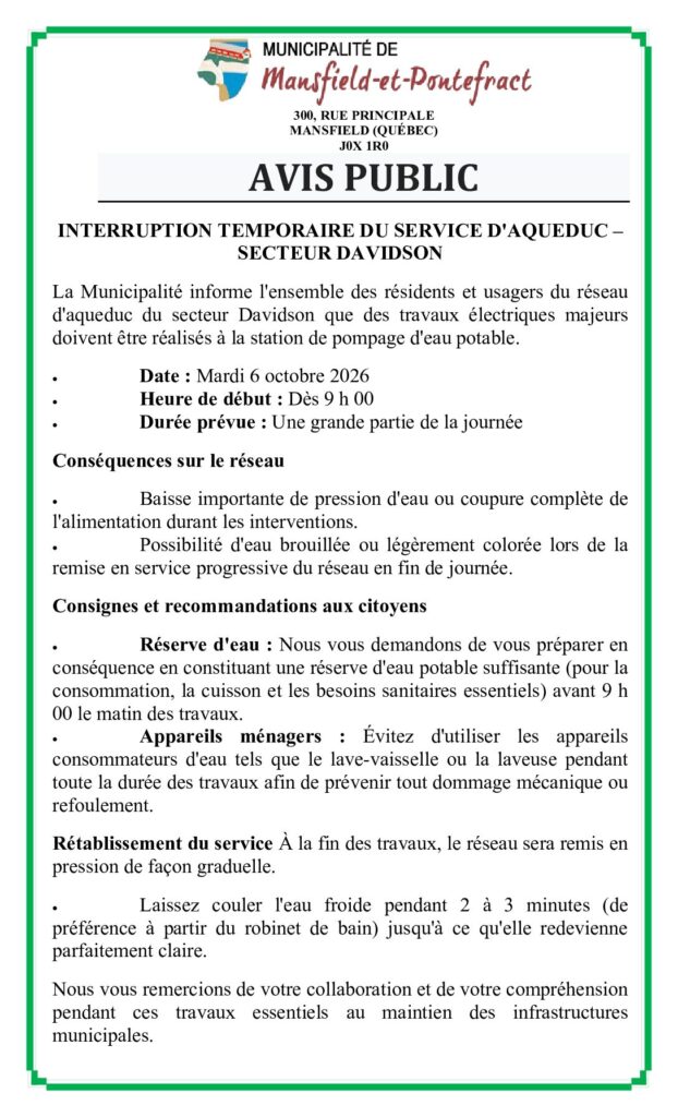 Avis public TRAVAUX DAVIDSON 6 OCTOBRE