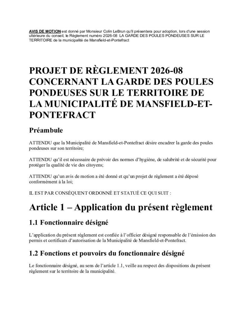 Projet Règlement concernant la garde des poules pondeuses sur le territoire de la Municipalité de Mansfield